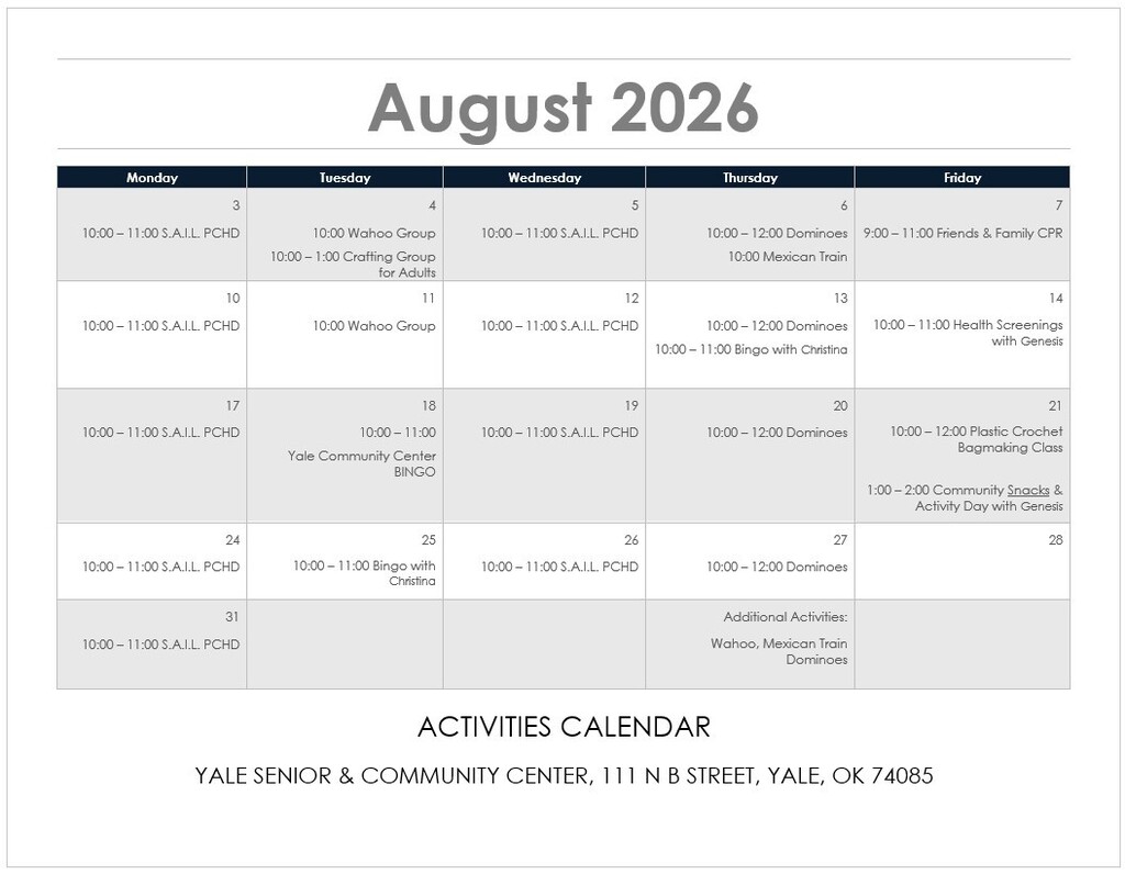 Yale Community Center August Activities Calendar