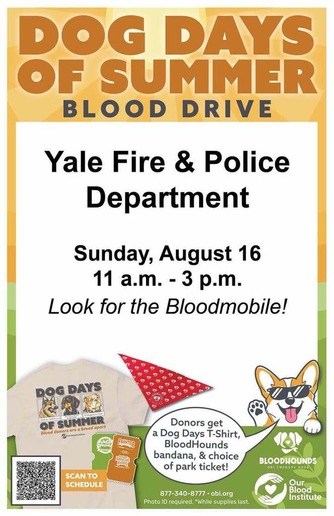 The Yale Fire and Police Departments are hosting a blood drive this Sunday from 11am-3pm. Giveaways will be available for all donors!!