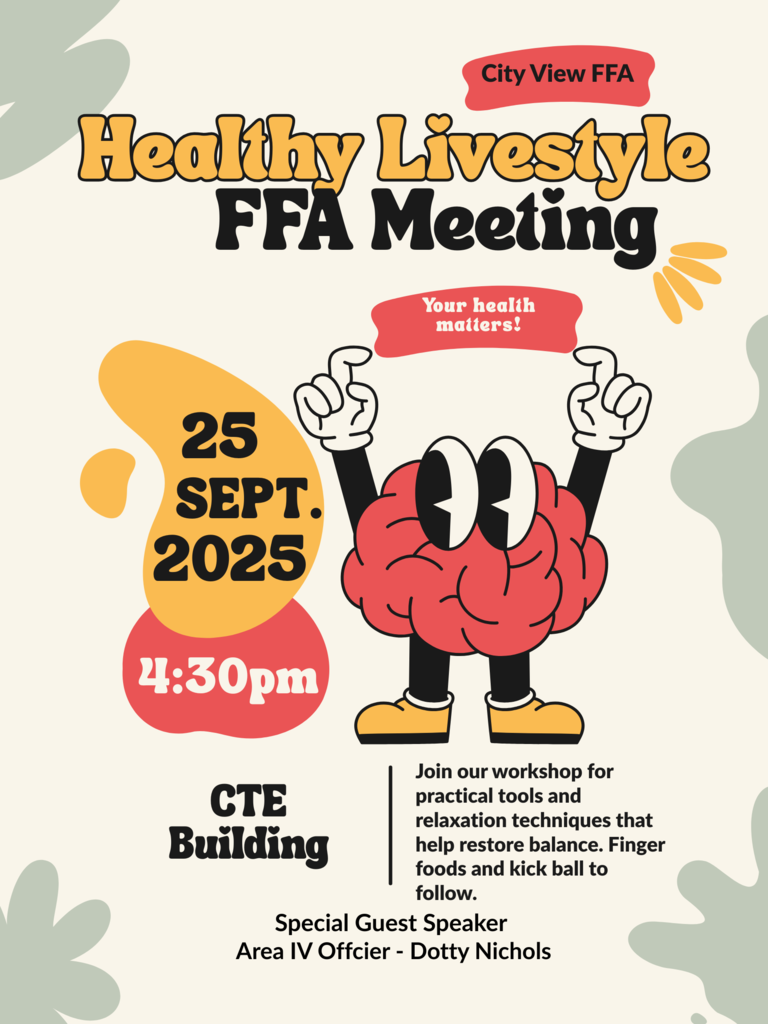 🌟 Mark your calendars! Join us Thursday, Sept. 25th at 4:30pm in the CTE Building for our Healthy Lifestyle FFA Meeting. Learn practical tools for balance and relaxation, enjoy some finger foods, and stick around for kickball fun! Special guest speaker: Area IV Officer Dotty Nichols. Don’t miss it!