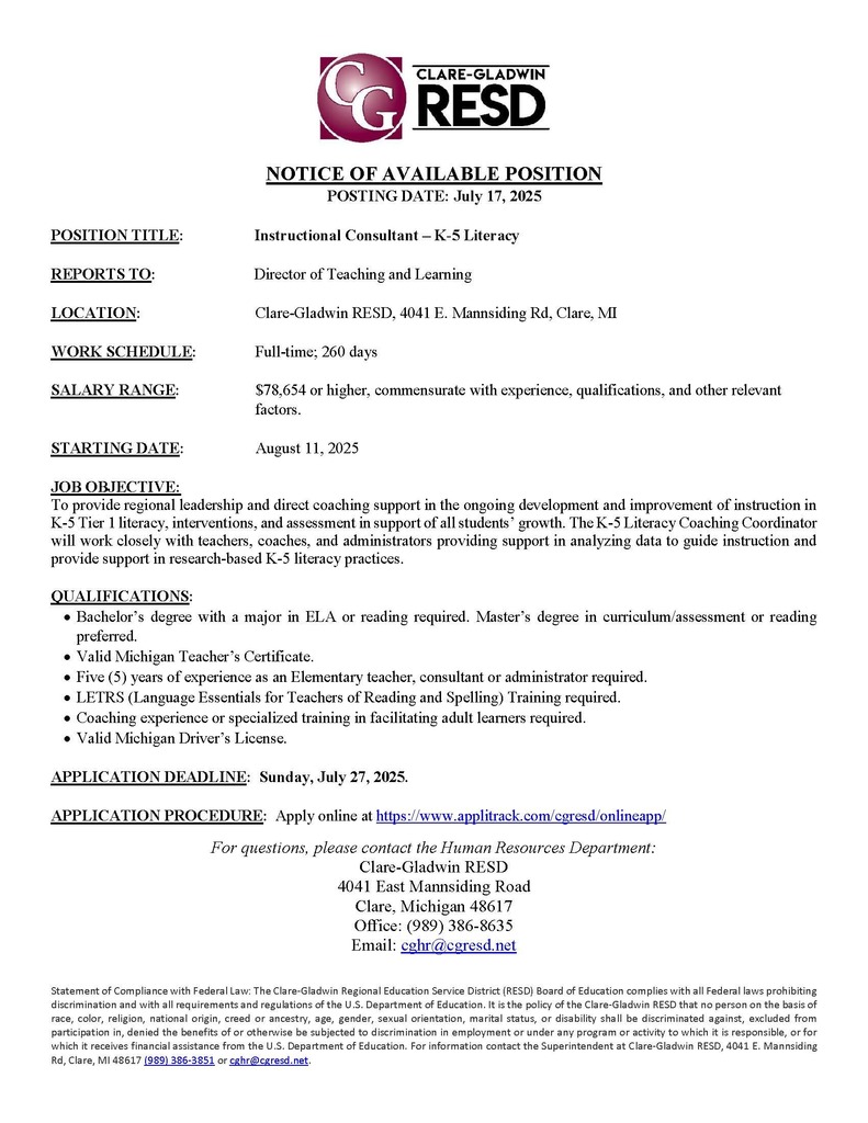 Instructional Consultant - K-5 Literacy Consultant July 2025