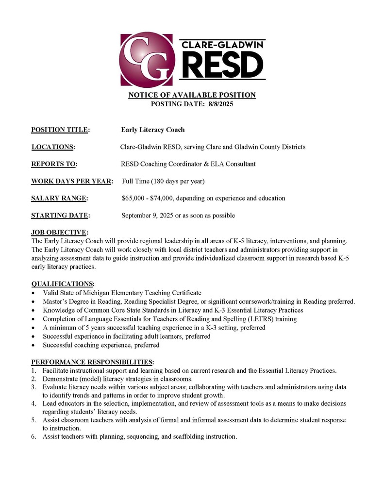 Early Literacy Coach - Job Posting