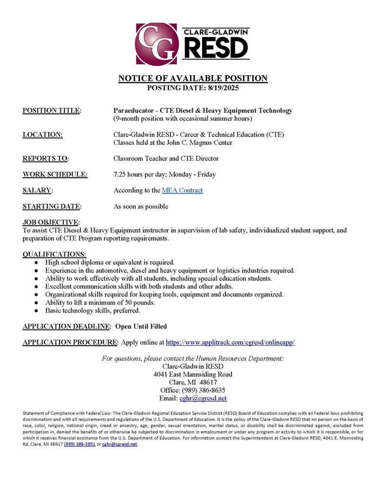 Paraeducator - CTE Diesel & Heavy Equipment Posting 2025 external