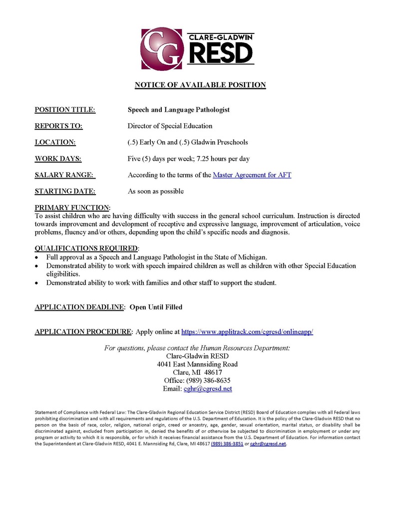 Speech Language Pathologist - Posted May 2025 reposting again