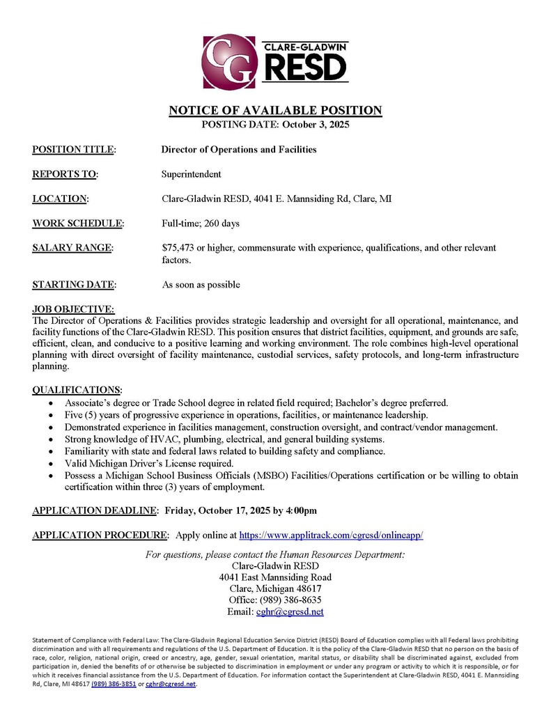 Director of Operations and Facilities 2025 - Job Posting