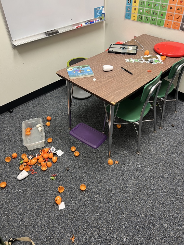 therapy materials scattered around the room