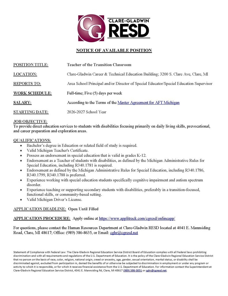 Teacher of the Transition Classroom - External Posting March 2026