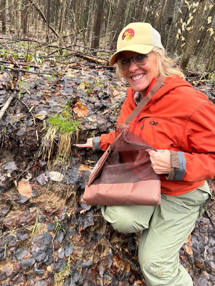Molly picking mushrooms