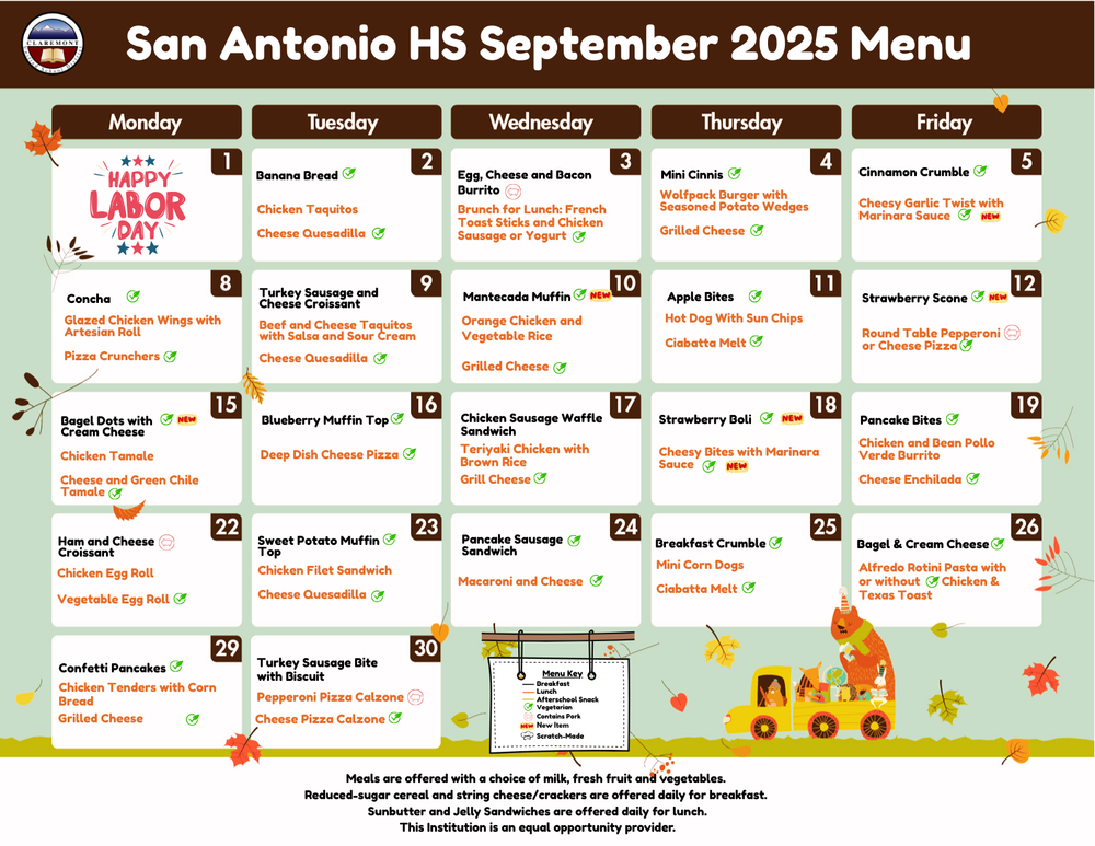 San Antonio HS September 2025 Menu