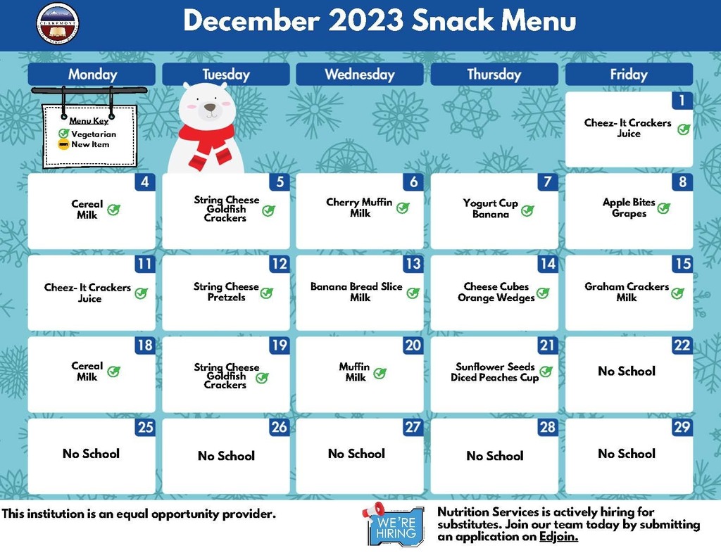 December Snack Menu