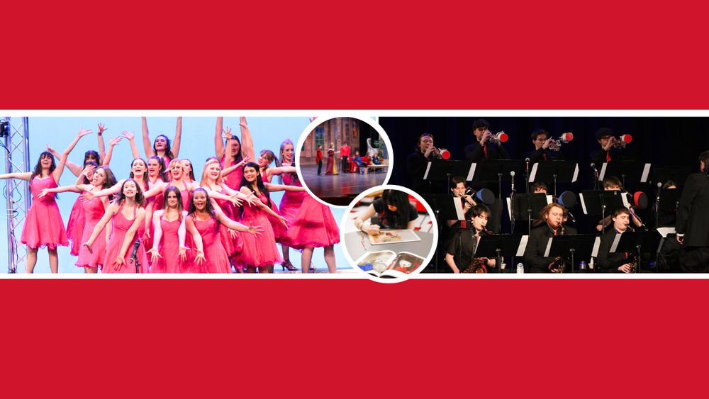 Show choir performing, jazz band on stage, theater students on stage and student drawing