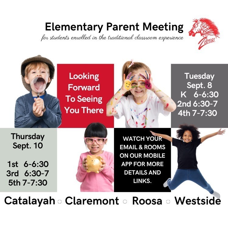 Graphic promoting Elementary Parent Meetings features smiling children and a reminder of dates and time found in the post.