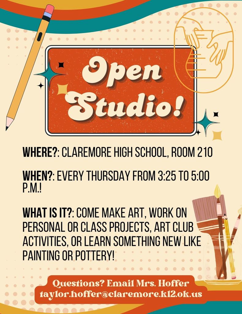 🎨 CHS Art Department Open Studio 🎨 The CHS Art Department invites all students to join our after-school Open Studio program! Come paint, draw, sculpt, and get creative with us in a relaxed, supportive environment. 🗓 Every Thursday after school until 5:00 PM 📍 Room 210 No experience needed—just bring your imagination! Please arrange your own transportation home. We hope to see you there!