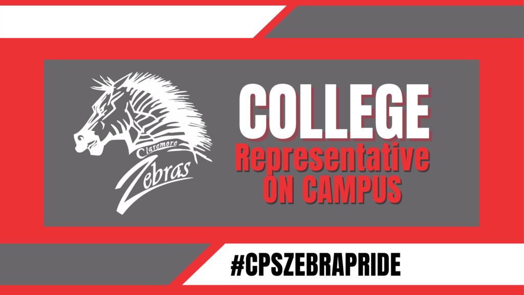 College Representative Visits This Week College representatives will be visiting Claremore High School this week! Be sure to stop by their tables in the PIT during both lunches to learn more about what each school has to offer. Schedule: September 10: Missouri Southern State University September 11: University of Oklahoma September 12: U.S. Naval Academy For more information, contact Mrs. Adcock at sadcock@claremore.k12.ok.us .