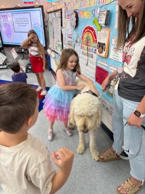 student petting dog in classroom