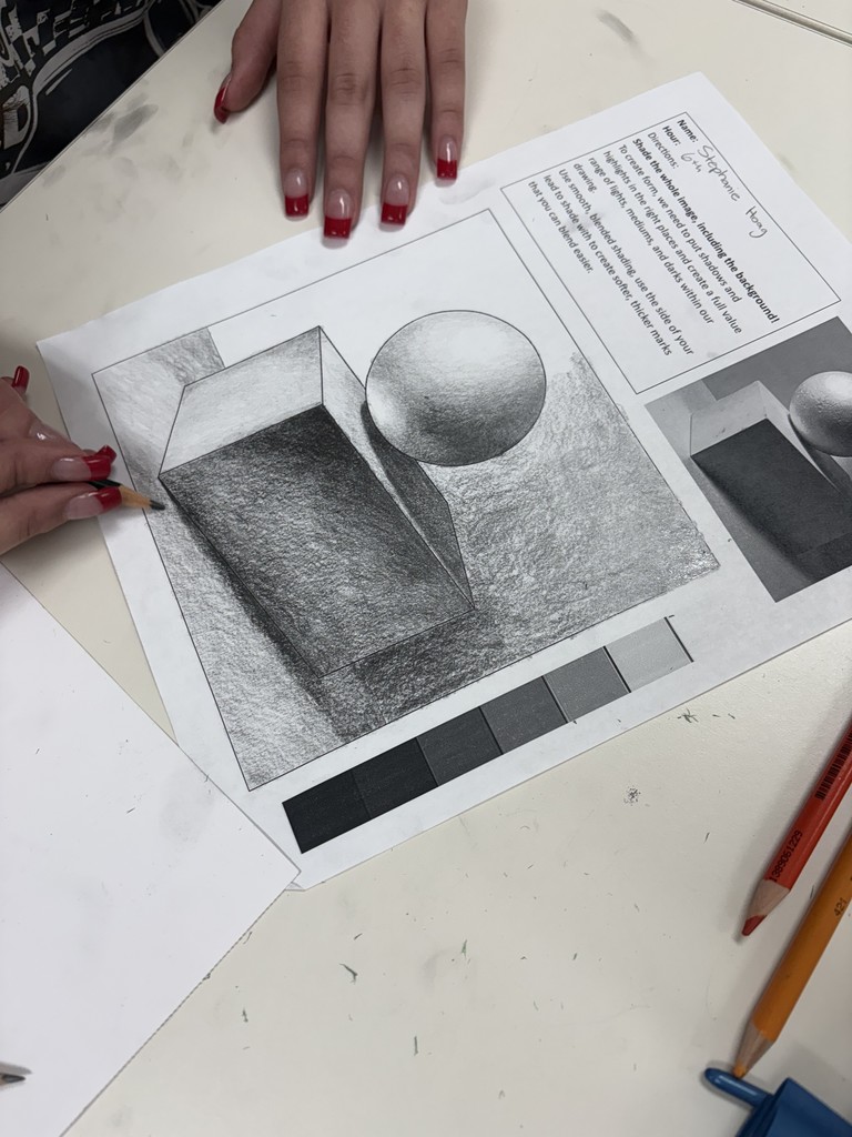 In Art I, our students are diving into value and shading techniques! Theyβve been exploring the importance of using a full value rangeβdarks, lights, and everything in betweenβto make their drawings look three-dimensional. ποΈ Through practice, theyβre sharpening their shading skills and developing craftsmanship that takes their artwork to the next level!