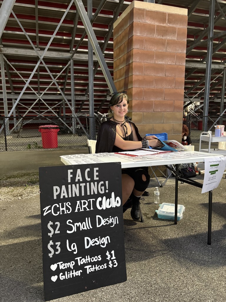 CHS Art Club face painting. $2 for small design, $3 for lg design, temp tattoos $1 and Glitter tattoos $3