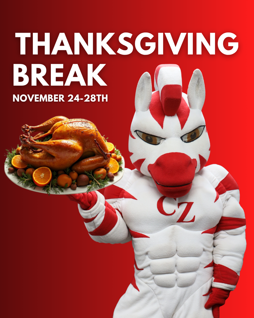 zebra mascot holding thanksgiving tray with turkey 