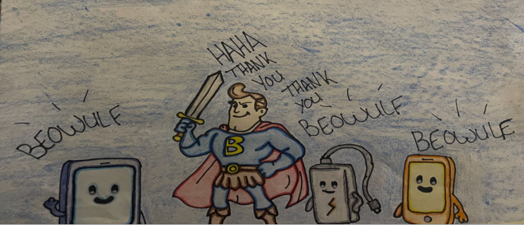 Coach Eddy’s English IV students took the classic epic Beowulf and gave it a modern twist—reimagining the hero’s battles in today’s world.  One creative group presented Beowulf vs. the Evil Phone Pouch—a clever take on a challenge every student faces in a school with no personal electronic devices! Their story highlights how even modern “battles” can mirror timeless themes of courage, conflict, and overcoming challenges.  What an engaging way to connect literature to real student experiences!