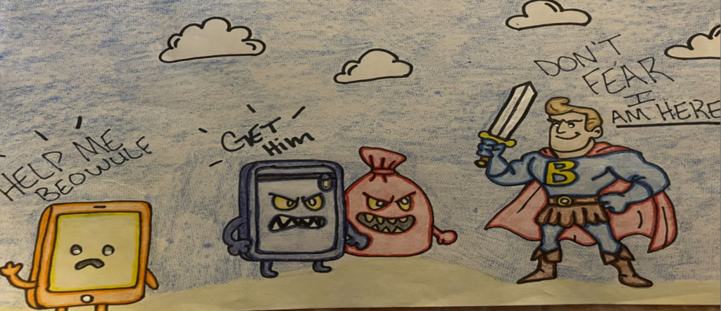 Coach Eddy’s English IV students took the classic epic Beowulf and gave it a modern twist—reimagining the hero’s battles in today’s world.  One creative group presented Beowulf vs. the Evil Phone Pouch—a clever take on a challenge every student faces in a school with no personal electronic devices! Their story highlights how even modern “battles” can mirror timeless themes of courage, conflict, and overcoming challenges.  What an engaging way to connect literature to real student experiences!