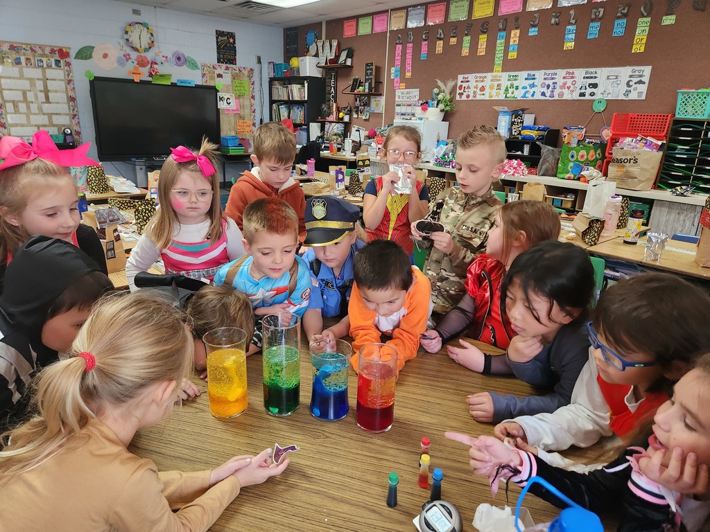 students looking at science project