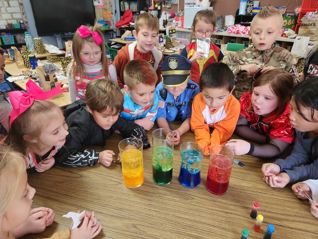 students looking at science project