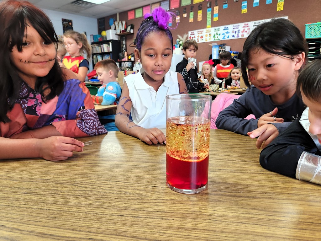 students looking at science project