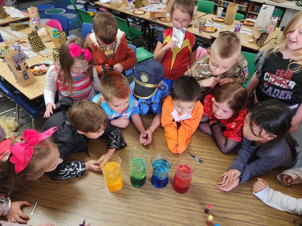 students looking at science project