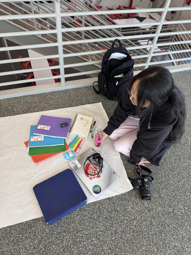 vIn photography, students created flat lays to tell the story of their life at school using only the contents of their backpacks. They used principles of balance and symmetry to arrange their items and captured their shots using natural window light.  Such a creative way to blend personal storytelling with technical skills!In photography, students created flat lays to tell the story of their life at school using only the contents of their backpacks. They used principles of balance and symmetry to arrange their items and captured their shots using natural window light.  Such a creative way to blend personal storytelling with technical skills!