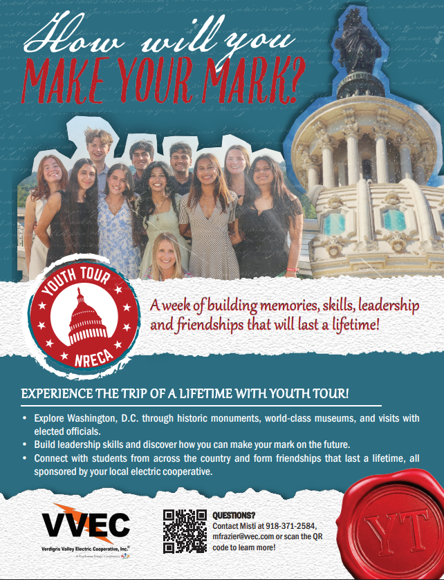 ✨ Interested in an unforgettable leadership experience? ✨ Students have the opportunity to apply for Youth Tour—a weeklong trip filled with history, leadership development, and lifelong friendships!  Participants will: 🇺🇸 Explore Washington, D.C. through historic monuments and world-class museums 🤝 Connect with students from across the country 🌟 Build leadership skills and learn how to make an impact …all sponsored by our local electric cooperative!  If students would like more information, please see Ms. Moss in the library.