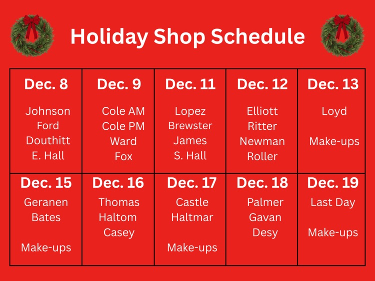 holiday shop schedule
