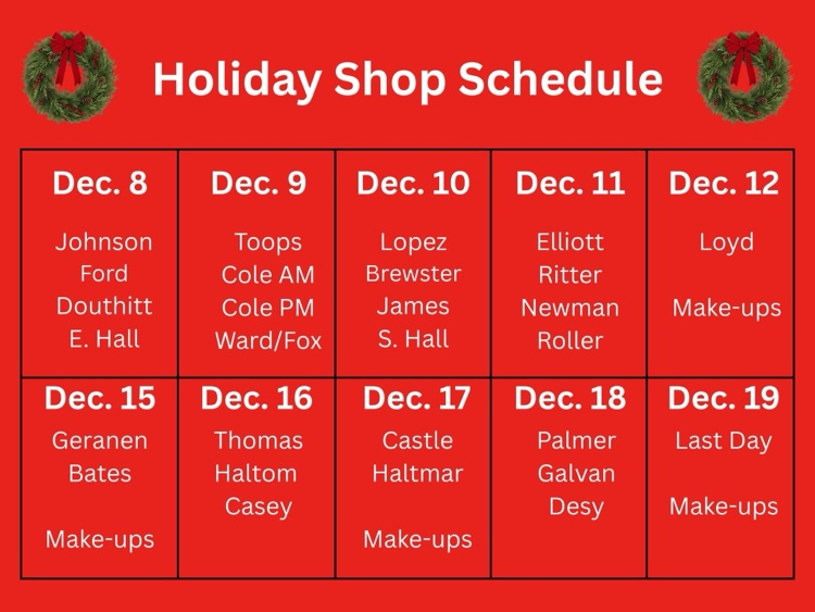 holiday shop schedule