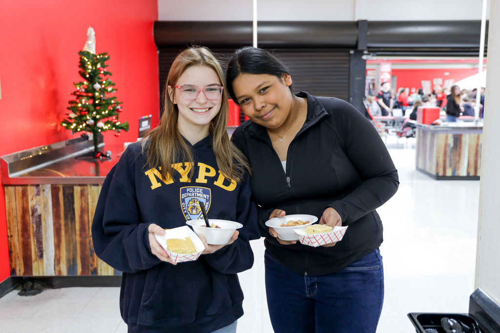 High school students with their Gumbo and rice.