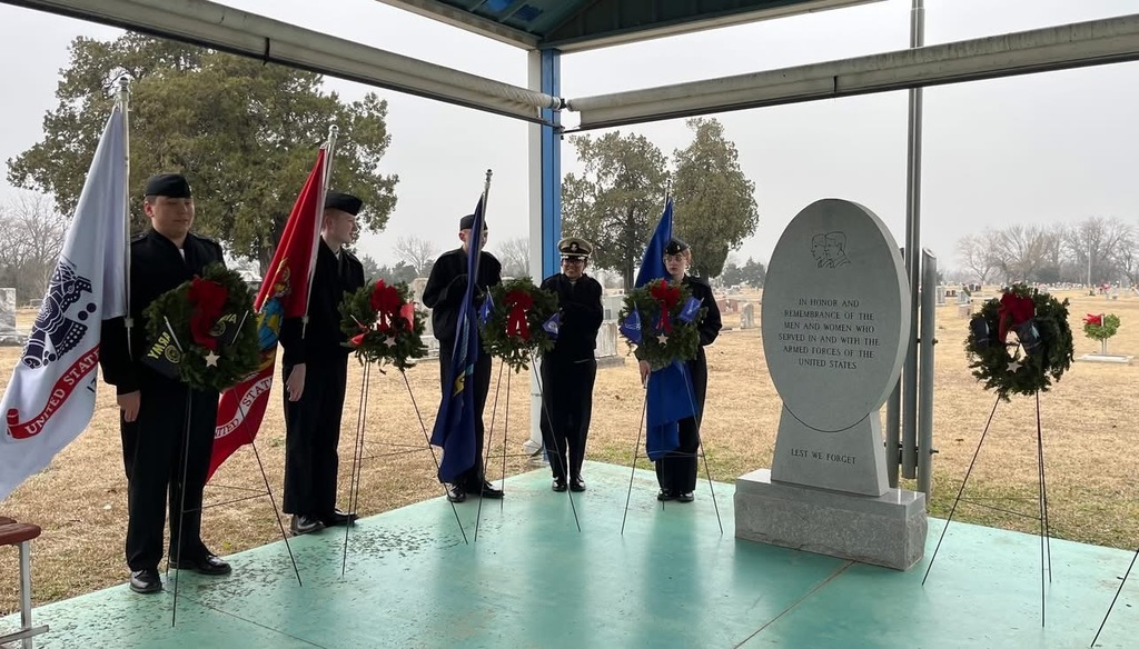 Wreaths Across America – Claremore NJROTC 🇺🇸  The Claremore High School NJROTC Cadets were honored to participate in the Wreaths Across America ceremonies, proudly presenting the Colors, holding the Armed Services flags, rendering a three-round volley, and playing Taps in tribute to our nation’s veterans.  Their service reflected the NJROTC core values of honor, respect, and civic responsibility, demonstrating a strong commitment to remembering those who sacrificed for our freedoms.