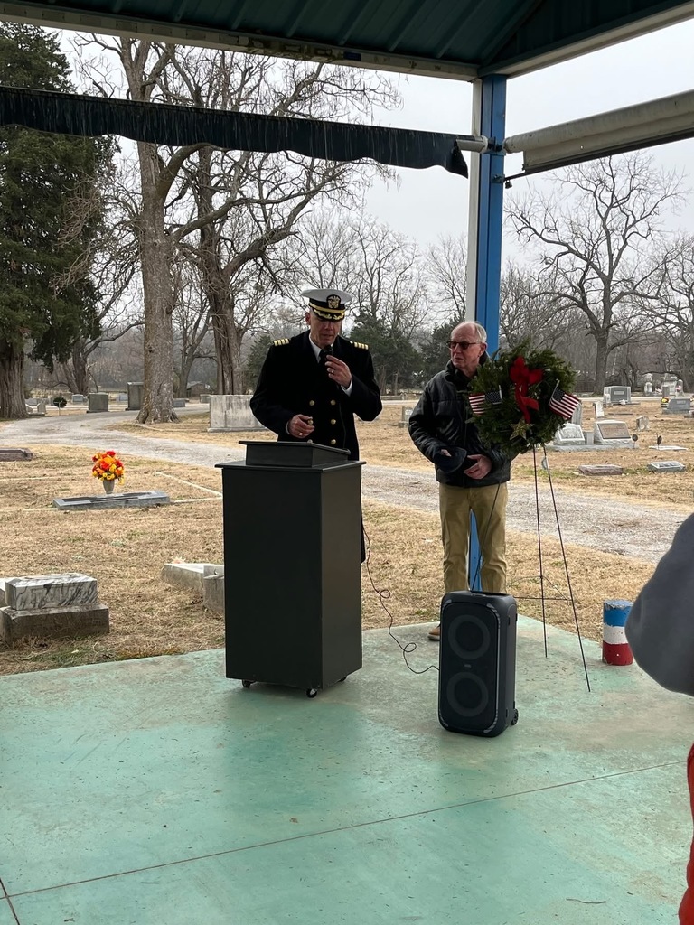 Wreaths Across America – Claremore NJROTC 🇺🇸  The Claremore High School NJROTC Cadets were honored to participate in the Wreaths Across America ceremonies, proudly presenting the Colors, holding the Armed Services flags, rendering a three-round volley, and playing Taps in tribute to our nation’s veterans.  Their service reflected the NJROTC core values of honor, respect, and civic responsibility, demonstrating a strong commitment to remembering those who sacrificed for our freedoms.