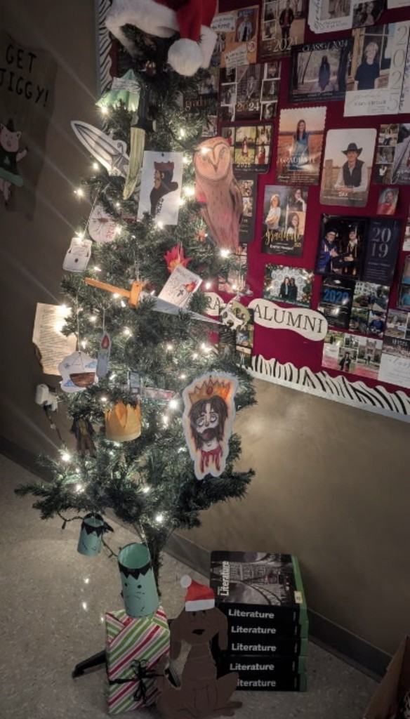 Mrs. Andrews 's annual Literary Holiday Tree! Students put their creativity on display by crafting ornaments representing the literature we read this semester, including Beowulf, Macbeth, Frankenstein, and Fahrenheit 451.