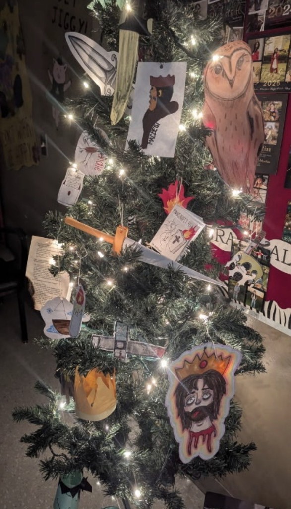 Mrs. Andrews 's annual Literary Holiday Tree! Students put their creativity on display by crafting ornaments representing the literature we read this semester, including Beowulf, Macbeth, Frankenstein, and Fahrenheit 451.