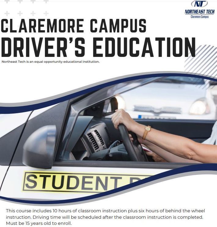 📢 Driver Education Opportunity!  🚗 NE Tech will be holding its next Driver Education class on Saturday, January 10th at the Claremore campus from 8:00 a.m. to 6:00 p.m. The class is almost full, but there are still a few spots available!  🎂 Students must be at least 15 years old to enroll.  📞 If you are interested, please call (918) 342-8066 for more information or to reserve a seat.  📝 NE Tech is also now offering the driving test at the Claremore campus.  🎓 For Claremore High School students, your school representative is Coach Douthitt in Room 612, or you may email adouthitt@claremore.k12.ok.us
