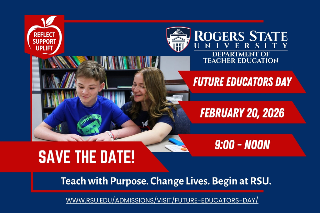 🍎 Future Educators Day at Rogers State University 🍎  RSU is excited to host Future Educators Day on Thursday, February 20, from 9:00 a.m. to 12:00 p.m.!  This event is designed for juniors and seniors who are interested in becoming educators. Students will explore teaching pathways, learn about RSU’s education programs, connect with faculty and current education majors, and experience campus life firsthand.  👉 Register students here: https://www.rsu.edu/admissions/visit/future-educators-day/  📌 Important for students: If you attend, please bring back proof of attendance to Mrs. Vincent for attendance purposes.