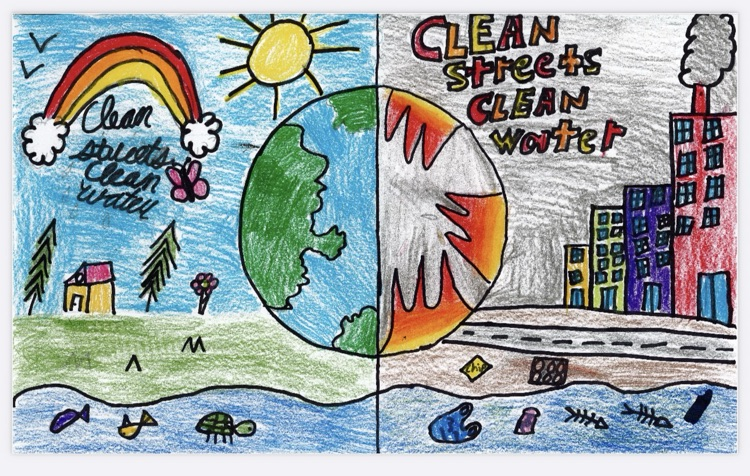 Students art work that says "Clean streets, clean water"