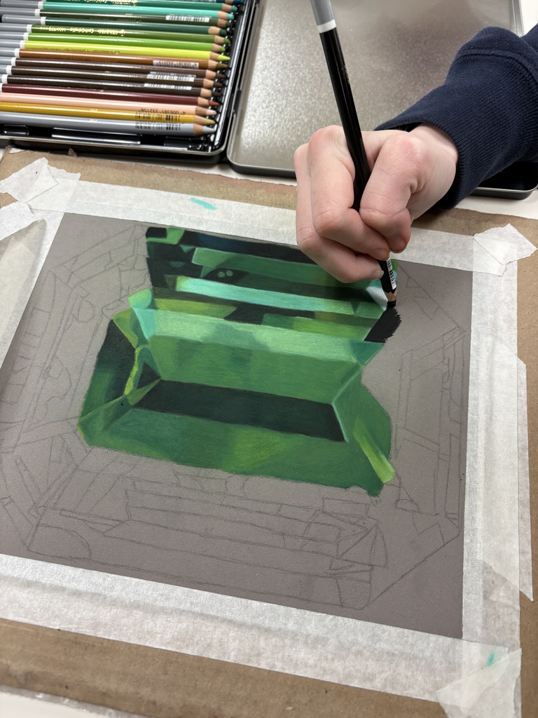 Art 1 students are diving into colored pencil techniques with dazzling gemstone drawings! From smooth blending to bold highlights, their shading skills are shining through. Advanced students pushed themselves even further by working with pastel pencils for the first time. This marks the first realistic, full-color drawing of the semester—and their growth is seriously blowing us away!
