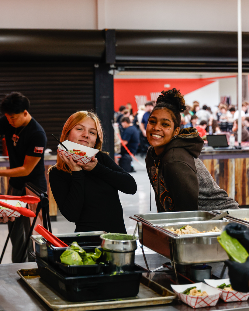 High school students posing for a photo during lunch