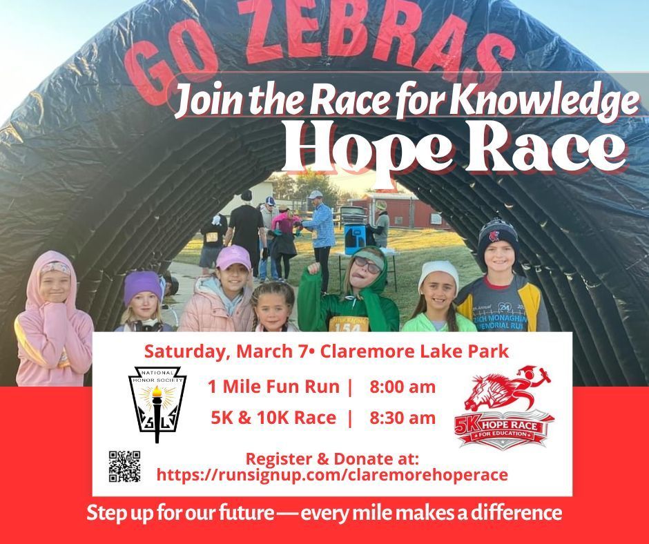 🏃‍♀️✨ Run for Hope at the Claremore Hope Race! ✨🏃‍♂️  Join us on March 7th for the Hope Race 5K & 10K, hosted by Claremore High School National Honor Society! Through this event, we’re able to invest in our school community, creating opportunities and providing resources that empower our teachers and students to succeed.  📅 Race Day Schedule 👟 1-Mile Fun Run: 8:00 AM 🏃 5K & 10K: 8:30 AM  🎽 All runners receive a FREE t-shirt, and registering now gets you a discounted rate!  Whether you’re racing, jogging, or cheering, come be part of something meaningful and help support Claremore students.  👉 Register today: https://runsignup.com/claremorehoperace  Run with purpose. Run with hope. ❤️