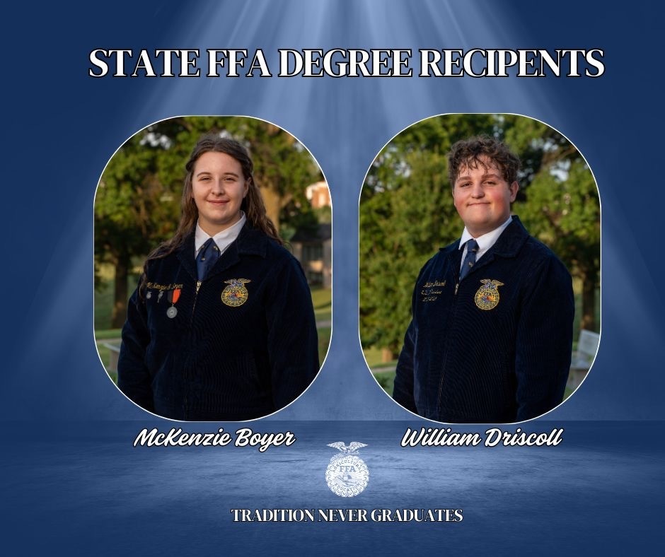 💥 Big Congratulations to McKenzie Boyer and William Driscoll! 💥  We are proud to announce that McKenzie and William have earned their State FFA Degree and will walk across the stage at the 100th Oklahoma FFA Association Convention on May 6th during the final general session to receive this incredible honor! 🌾💙  The State Degree is the highest honor awarded by the Oklahoma FFA Association, and only the most outstanding senior FFA members earn this distinction each year. This recognition reflects years of dedication, leadership, and commitment to agricultural education.  To qualify, candidates must meet rigorous requirements that showcase their work ethic and involvement in FFA. This includes maintaining a detailed record book documenting finances, activities, and community service hours, as well as creating a comprehensive scrapbook or portfolio highlighting their FFA journey. These materials are evaluated by agricultural educators and state staff at both the regional and state levels.  McKenzie and William, your hard work, perseverance, and passion have truly paid off. We are incredibly proud of you and can’t wait to see you recognized on stage!