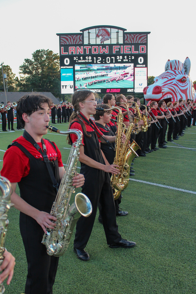 Zebra Band on Lantow Field playing pregame prep