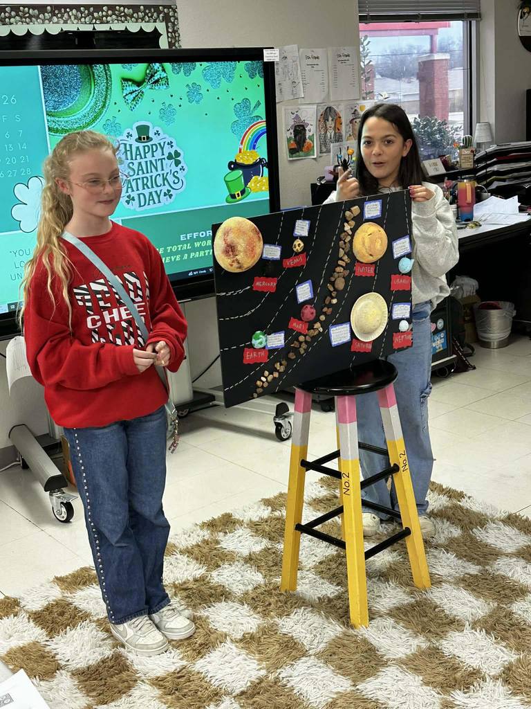 Fifth graders presenting their solar system creation.