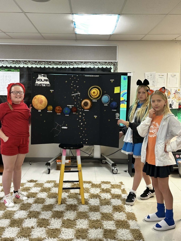 Fifth graders presenting their solar system creation.