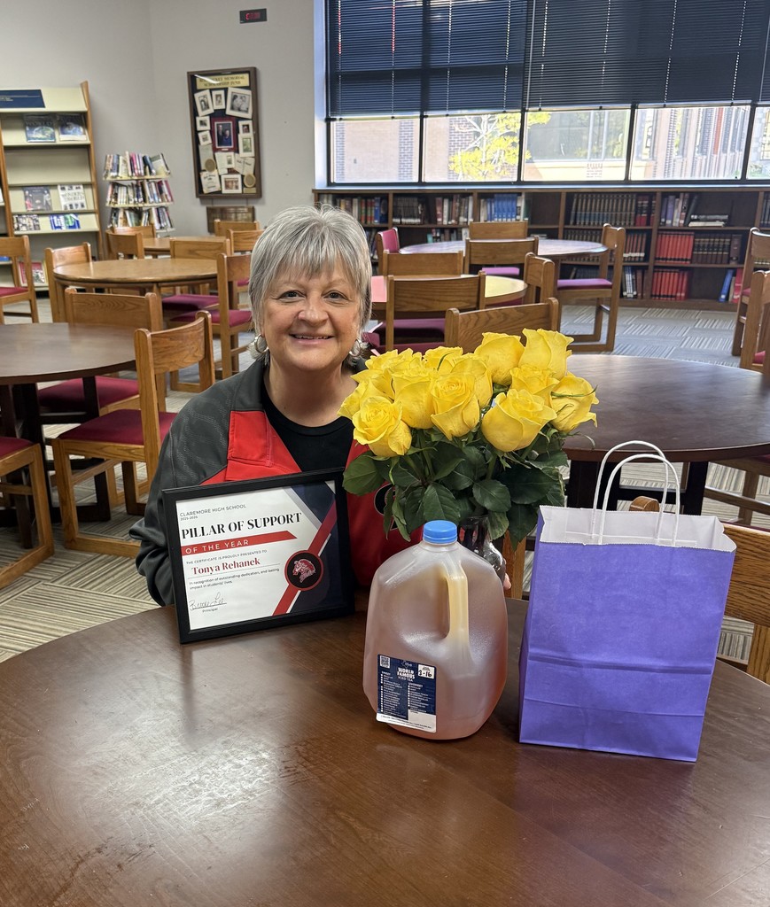 Congratulations to Mrs. Tonya Rehanek on being named Claremore High School’s Pillar of Support of the Year! With over 21 years of service to Claremore Public Schools, Mrs. Rehanek is a constant source of kindness and positivity at CHS. From supporting students and staff to bringing our school community together through celebrations and encouragement, her impact is felt by everyone. Thank you, Mrs. Rehanek, for the light and support you bring to CHS every day!