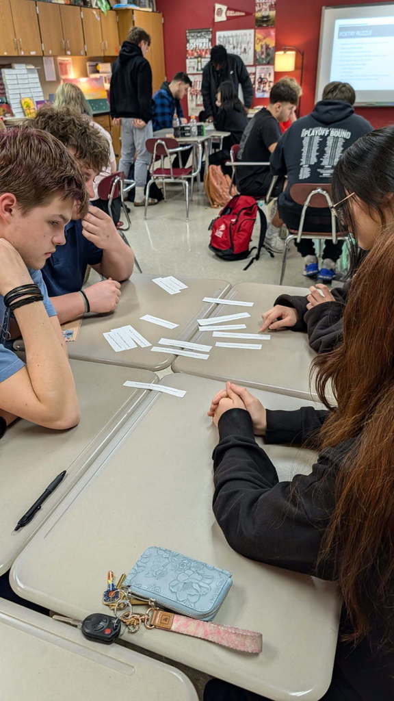 English IV students put their literary skills to the test with Puzzle Poetry. Using context clues and their knowledge of syntax rules, imagery, sonnet structure, and  punctuation, students worked to unscramble Percy Bysshe Shelley’s Romantic-era poem Ozymandias. Without the use of technology and using only their brain power, it was a race to see who could reconstruct the poem correctly first. Students demonstrated that poetry doesn't have to be boring, and it can be made up of equal parts analysis, logic, and teamwork. Critical thinking in action!