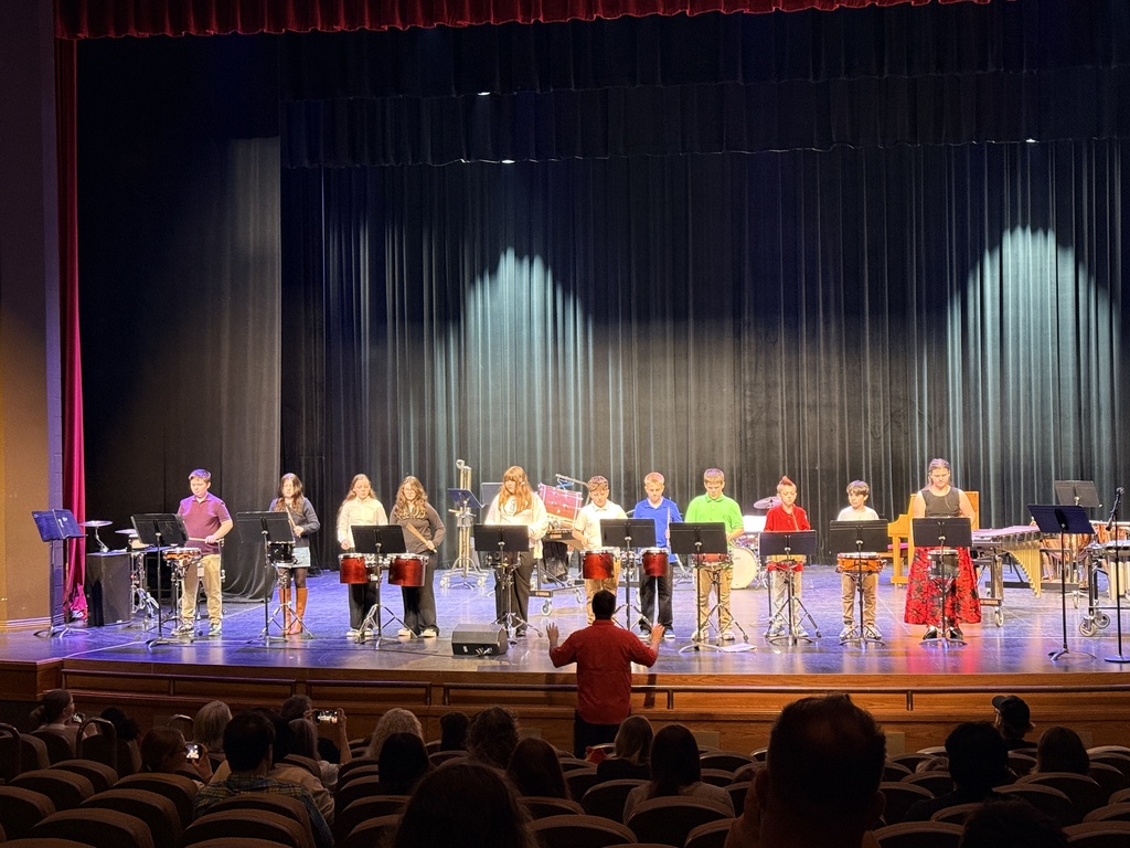 WRJH 6th grade percussion line on stage at their concert