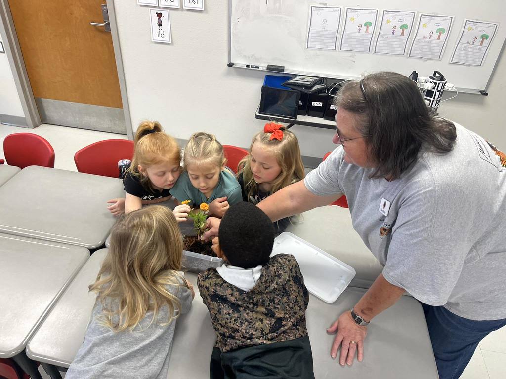 elementary students learning about gardening.